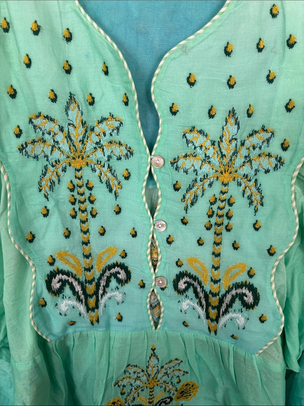 FARM RIO Brazilian Tropical Turquoise Palm Tree Tapestry Yoke Blouse - Picture 4 of 8